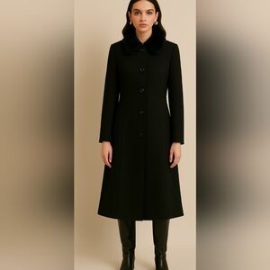 Larry Levine Wool coat size 12 Black with Fur Trim Collar